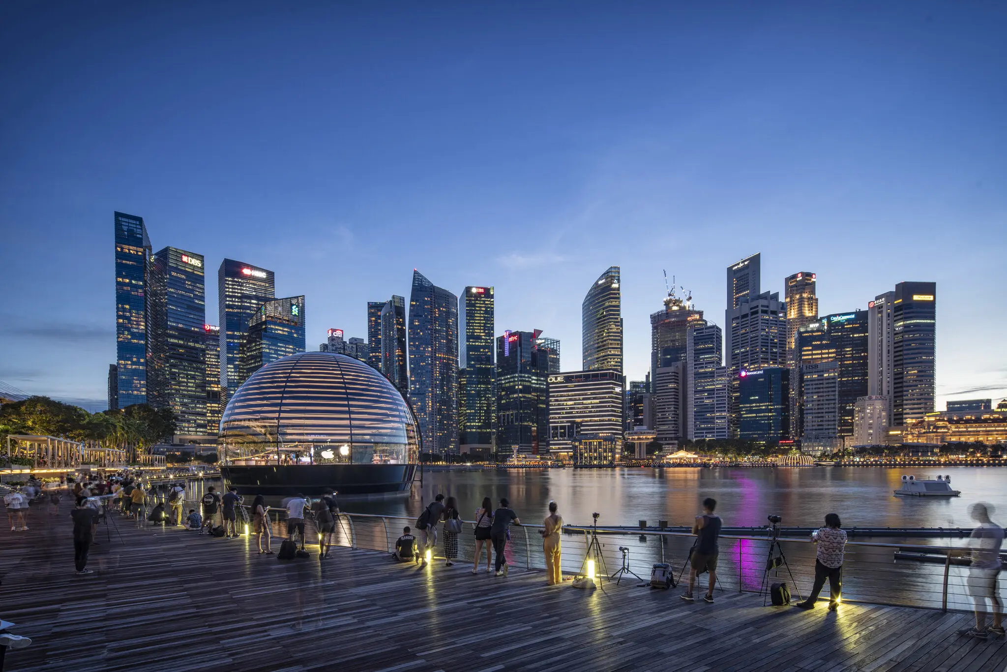 382 Woody Wood Web Web Design Development | Dubai Website Agency Night view of a skyline with illuminated skyscrapers along a harbor a glass domed pavilion in the foreground and people on a wooden boardwalk