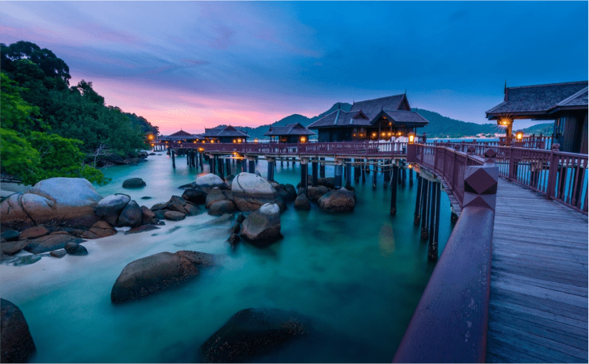 383 Woody Wood Web Web Design Development | Dubai Website Agency Overwater bungalow resort on stilts connected by a wooden boardwalk at sunset over turquoise water and rocks in the foreground twilight sky
